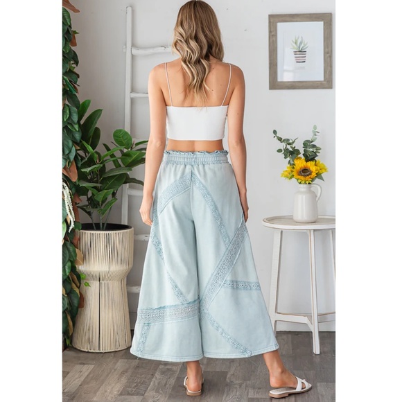 "The Leigha" Light Blue Lace Trim Wide Leg Pants - Picture 4 of 5